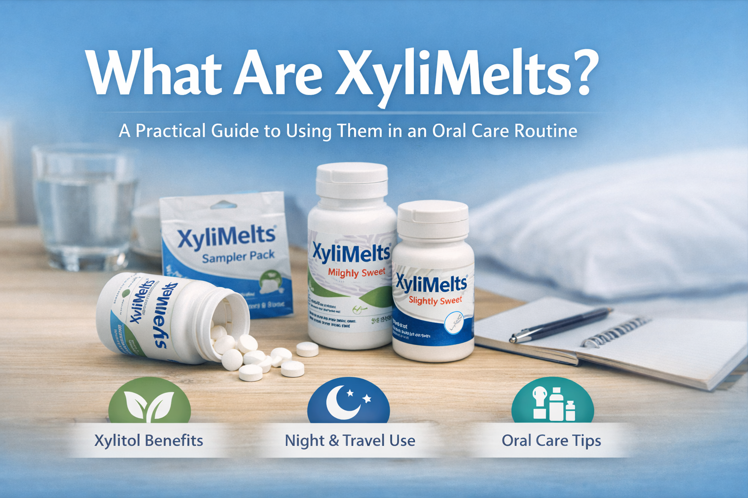XyliMelts oral care products including bottles and sampler pack on a desk, illustrating a practical guide to using XyliMelts in an oral care routine