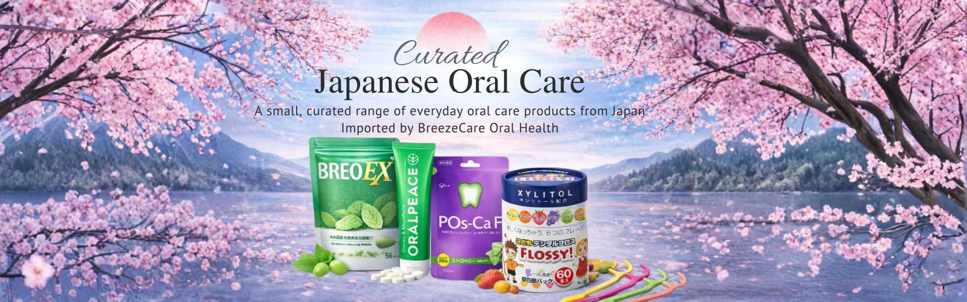 Curated Japanese oral care products including POs-Ca F gum, OralPeace toothpaste and Breo EX tablets displayed on a clean marble surface with a soft Japanese landscape background