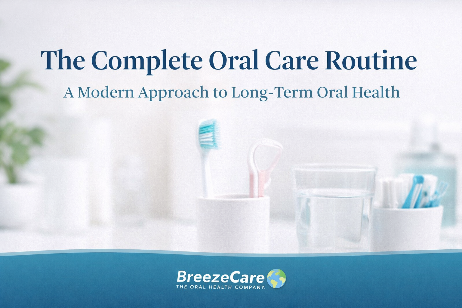 Complete oral care routine concept showing toothbrush, floss and oral hygiene tools with headline ‘The Complete Oral Care Routine – A Modern Approach to Long-Term Oral Health’ by BreezeCare Oral Health.