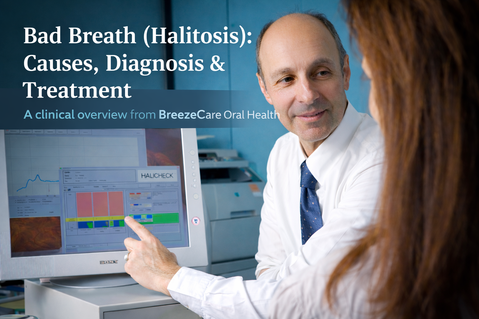 Clinician demonstrating OralChroma breath analysis while explaining causes and treatment of bad breath (halitosis)