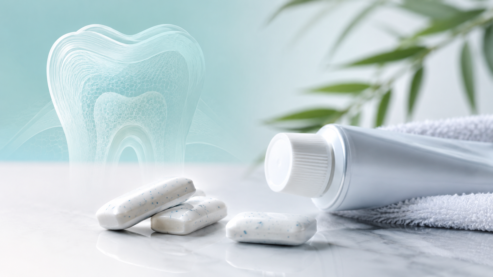 Chewing gum pieces and toothpaste tube with ghost tooth enamel cross-section graphic on teal background, representing Japanese dental care for Ozempic dry mouth protection.