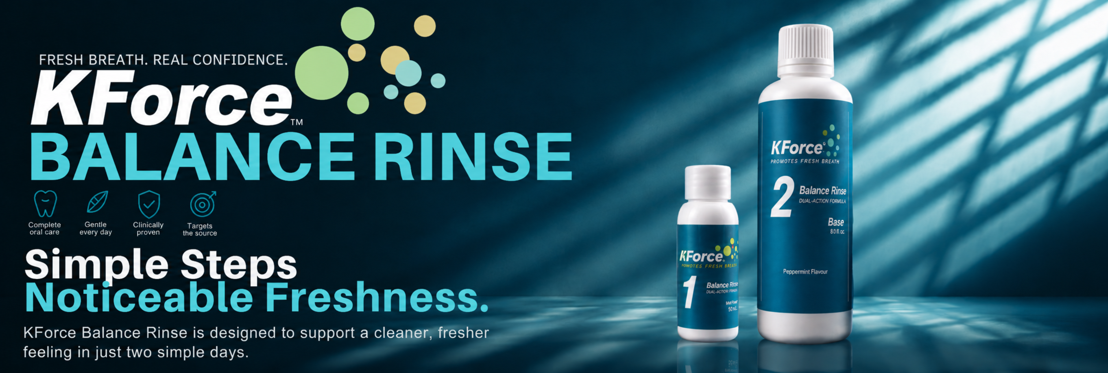 KForce Balance Rinse bottles on a dark blue promotional background with text reading 'Fresh Breath. Real Confidence.