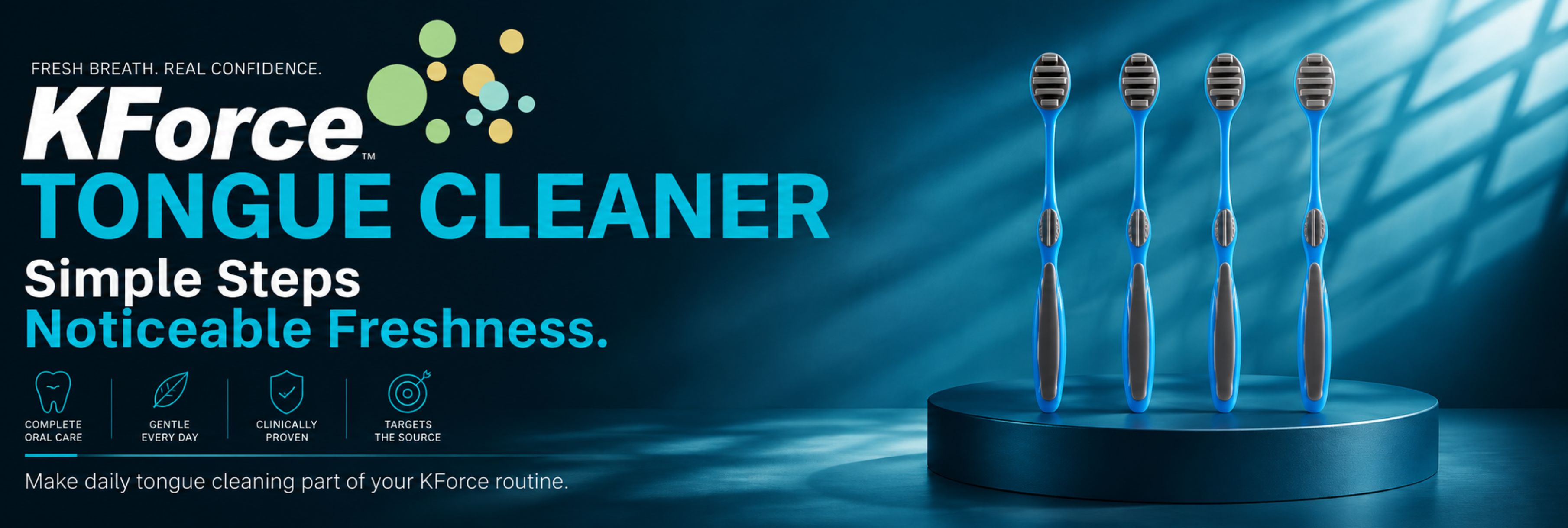 KForce Tongue Cleaner promotional graphic showing four blue and brown tongue-cleaning brushes standing on a dark pedestal against a blue spotlight background, with product text on the left.