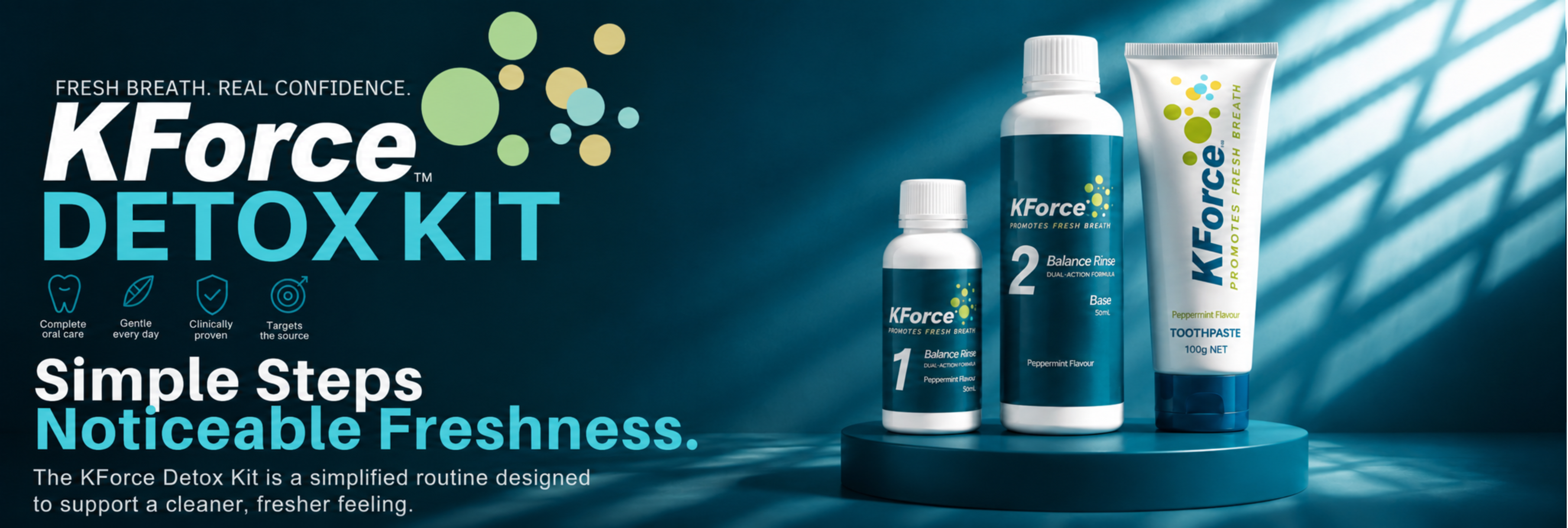 KForce Detox Kit featuring three bottles and a tube of natural breath freshener on a dark blue background with light streaks. The products are arranged on a tiered dark blue pedestal, with the KForce brand name clearly visible on the packaging.